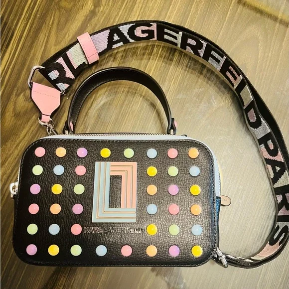 Karl Lagerfeld Black Bag with Multicolor Studs with BONUS bag - Picture 2 of 11